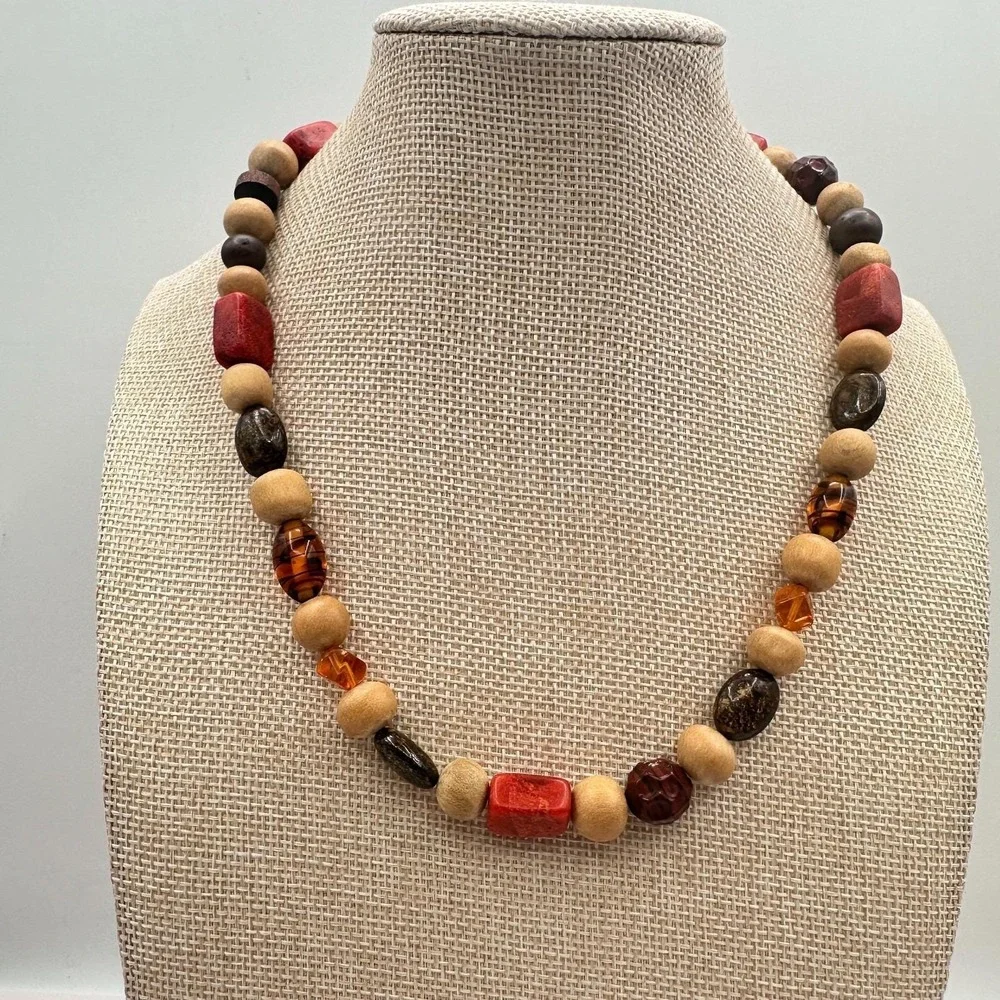 Vintage Y2K‎ Eclectic Earthy Necklace Jasper Wood Amber Natural Beaded Jewelry